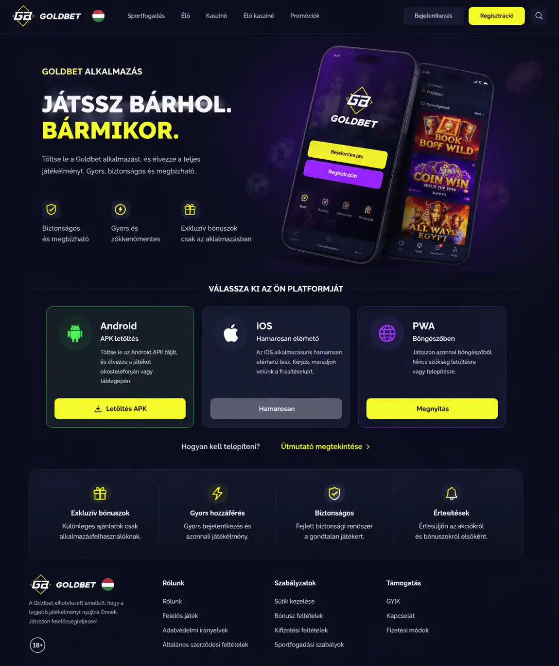 Goldbet APK letöltési oldal — Android, iOS és PWA telepítési gombok