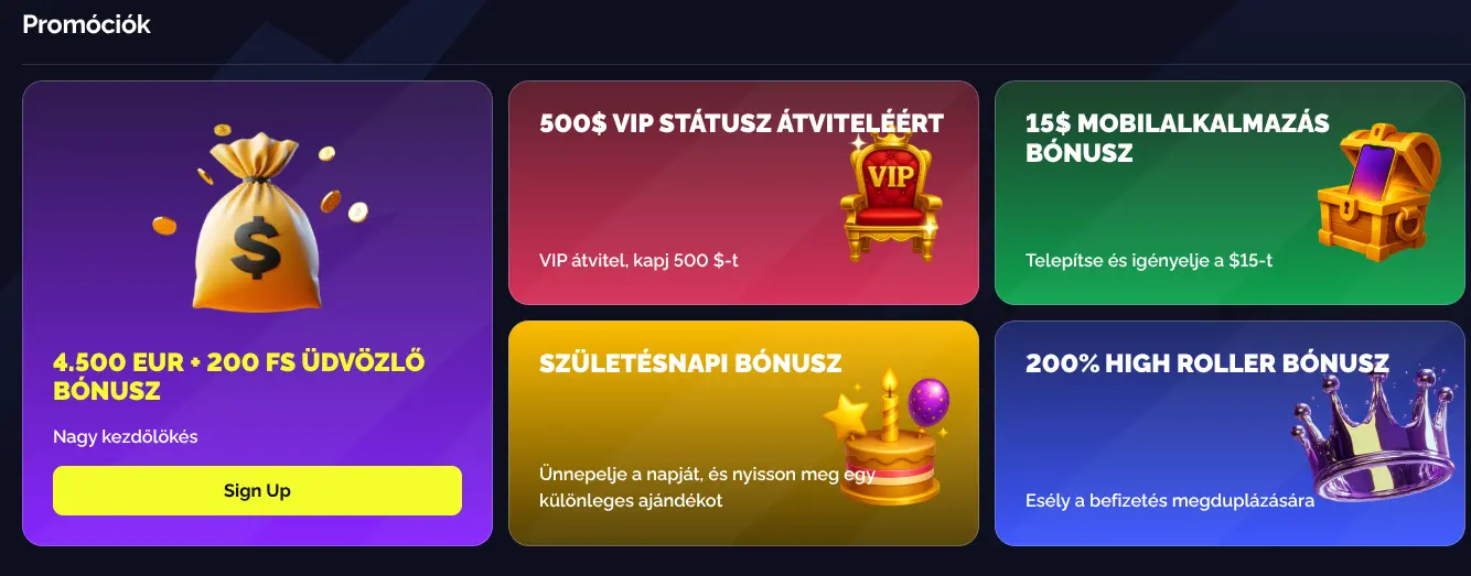 Goldbet Bónuszközpont felülete — az elérhető promóciók kártyás megjelenítése