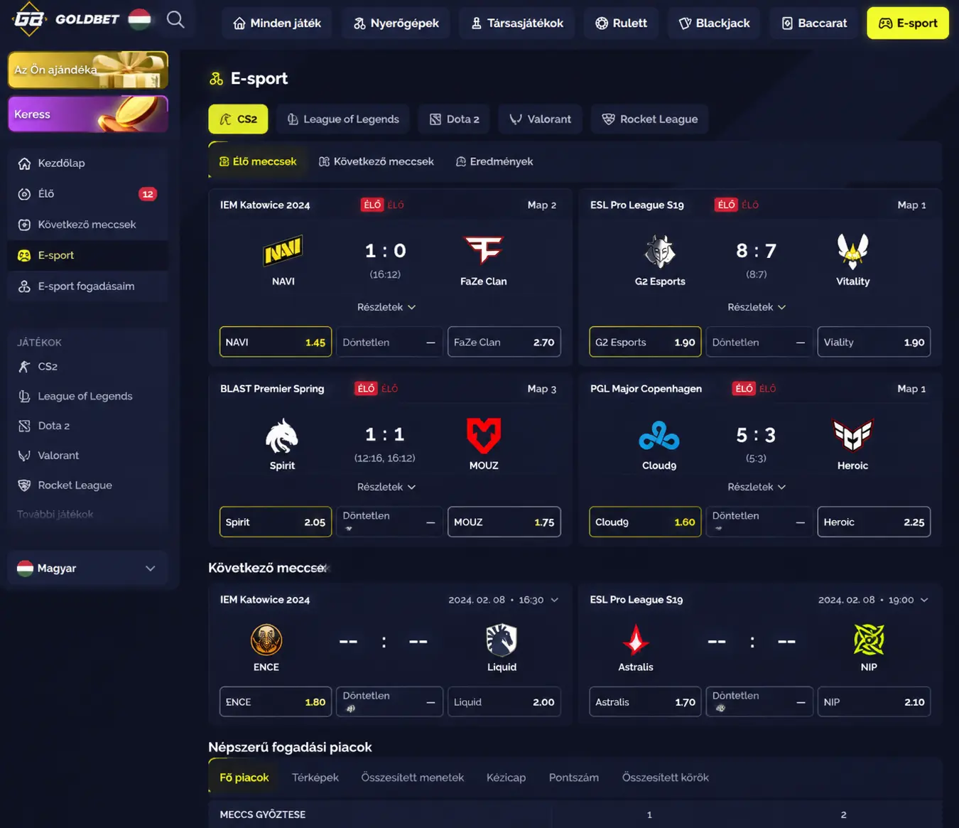 Goldbet e-sport fogadási felület — CS2 mérkőzés élő fogadási piacai