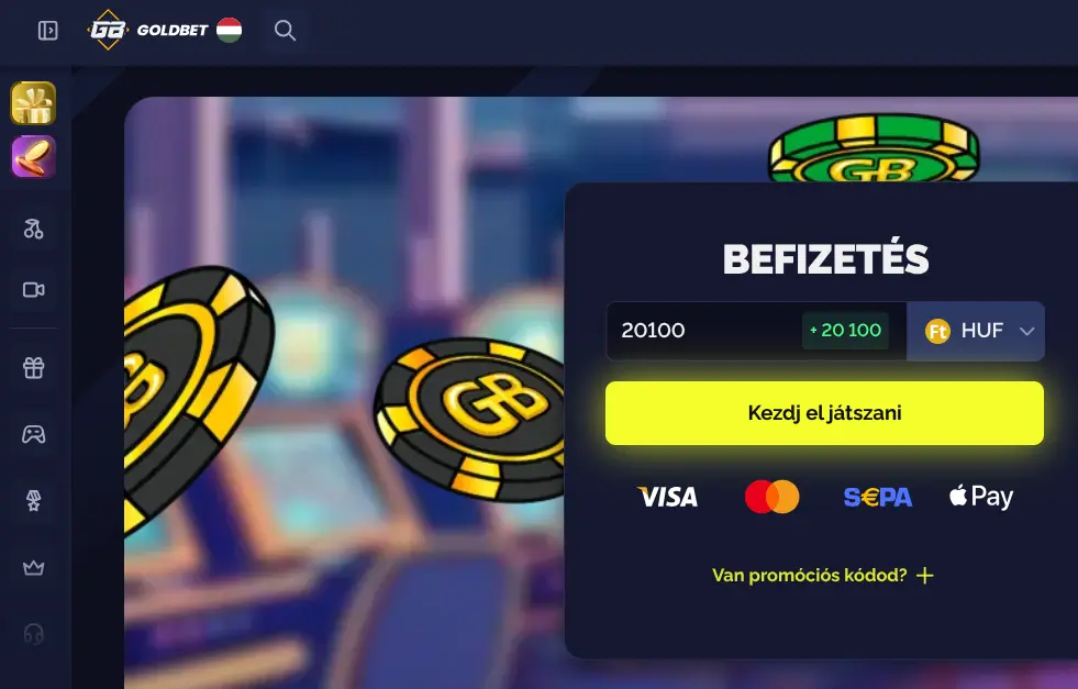Goldbet Casino főoldal magyar nyelven — a platform asztali nézetének képernyőmentése