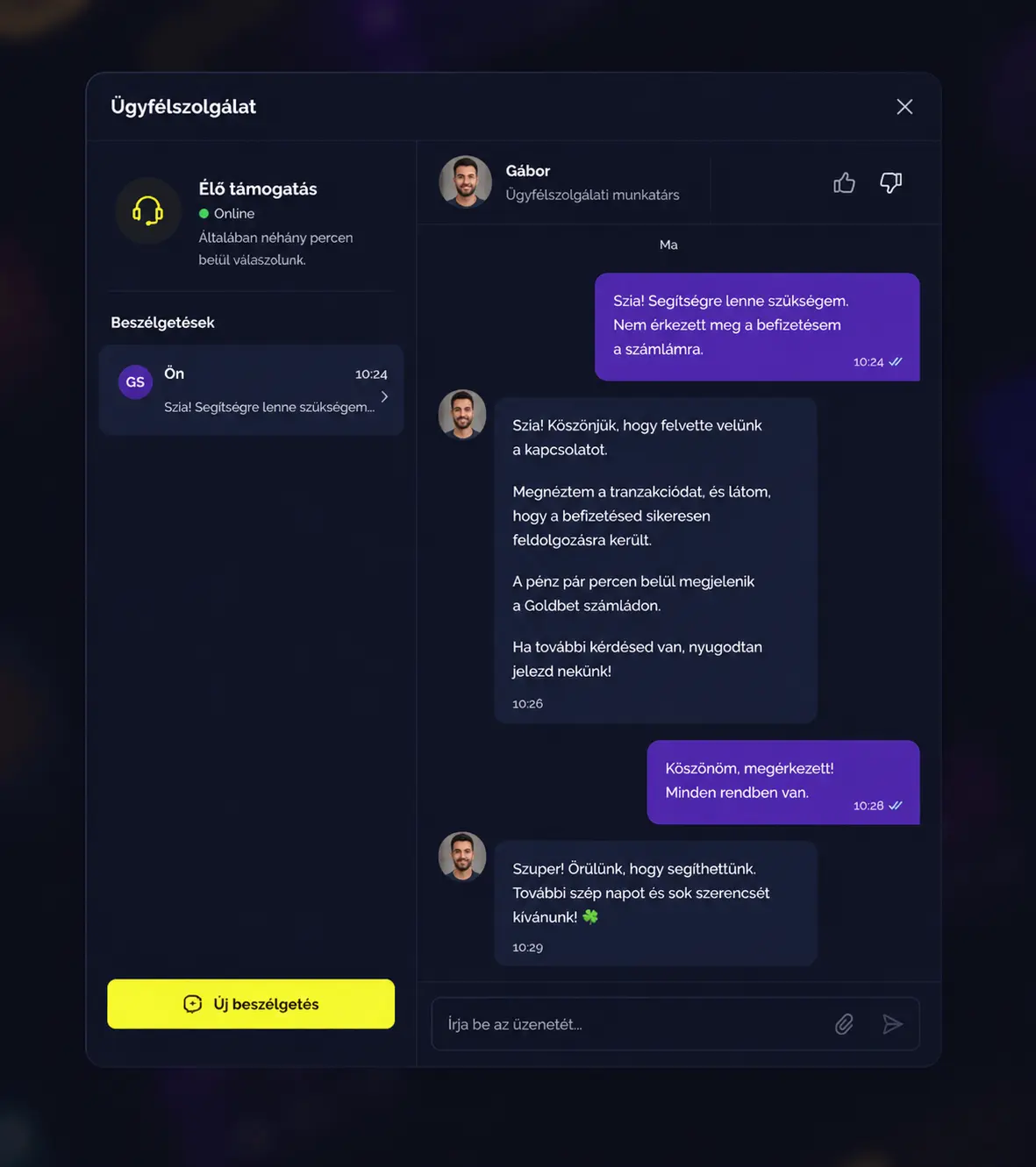 Goldbet élő chat felülete — ügyfélszolgálati csevegőablak