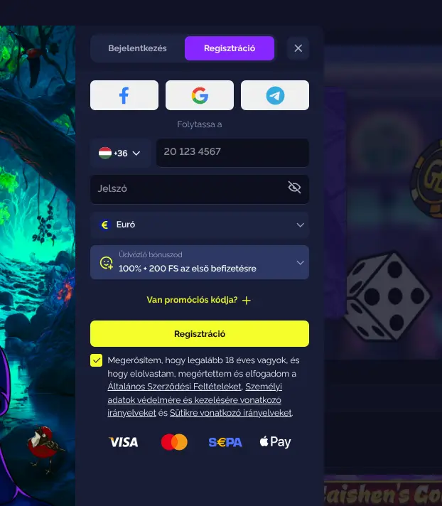 Goldbet regisztrációs űrlap — a mezők és a közösségi belépési gombok