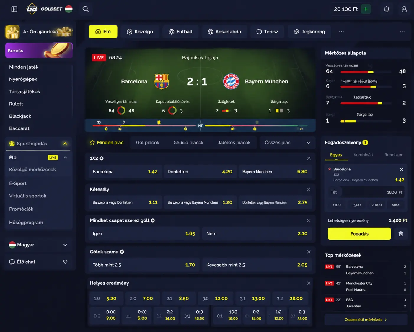 Goldbet sportfogadási felület — élő labdarúgó-mérkőzés fogadási piacai