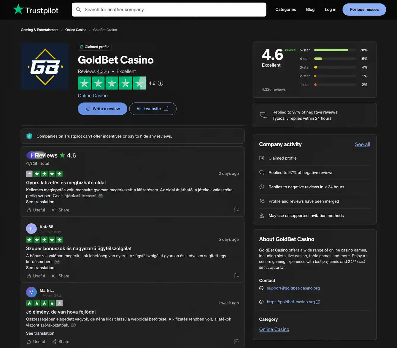 Goldbet Trustpilot értékelési oldala — összesített pontszám és legutóbbi értékelések